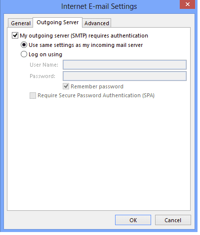 Επιλογή My outgoing server requires authentication.